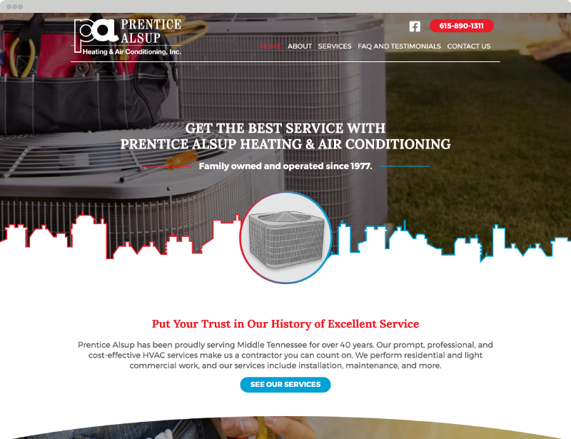 Prentice Alsup HVAC website design and development project. Services provided for Tullahoma, TN companies.