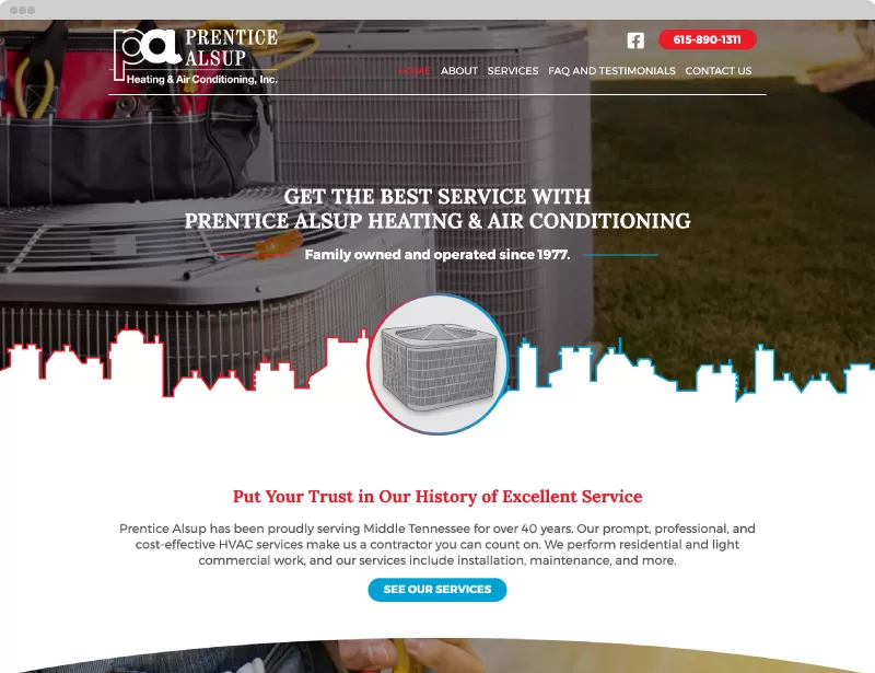 Prentice Alsup HVAC website design and development project. Services provided for Manchester, TN companies.